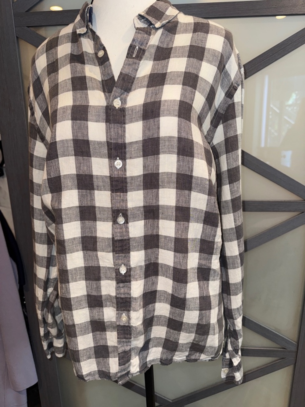 Baird McNutt Men’s Gray and White Check Button-Up Linen  Shirt